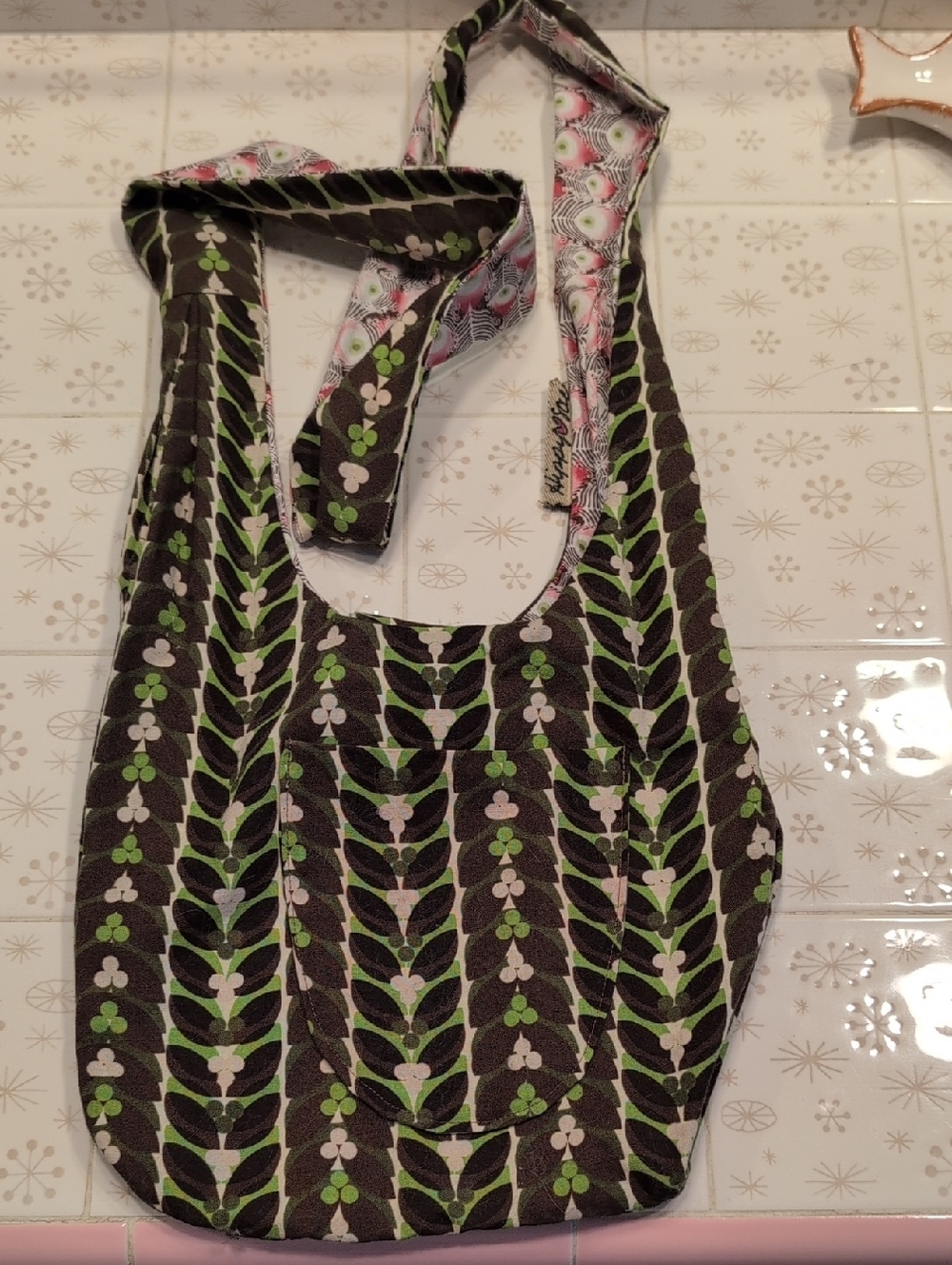 Hippy Sac Brown Floral-Print Shoulder Bag with Green Accents
